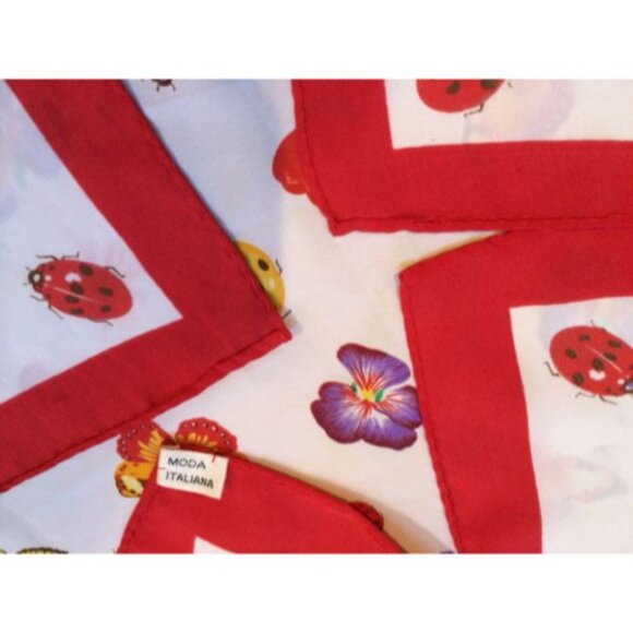 Vintage Moda Italiana Floral & Insect Print Scarf 19" Square Hand-Rolled Hem - Picture 4 of 5